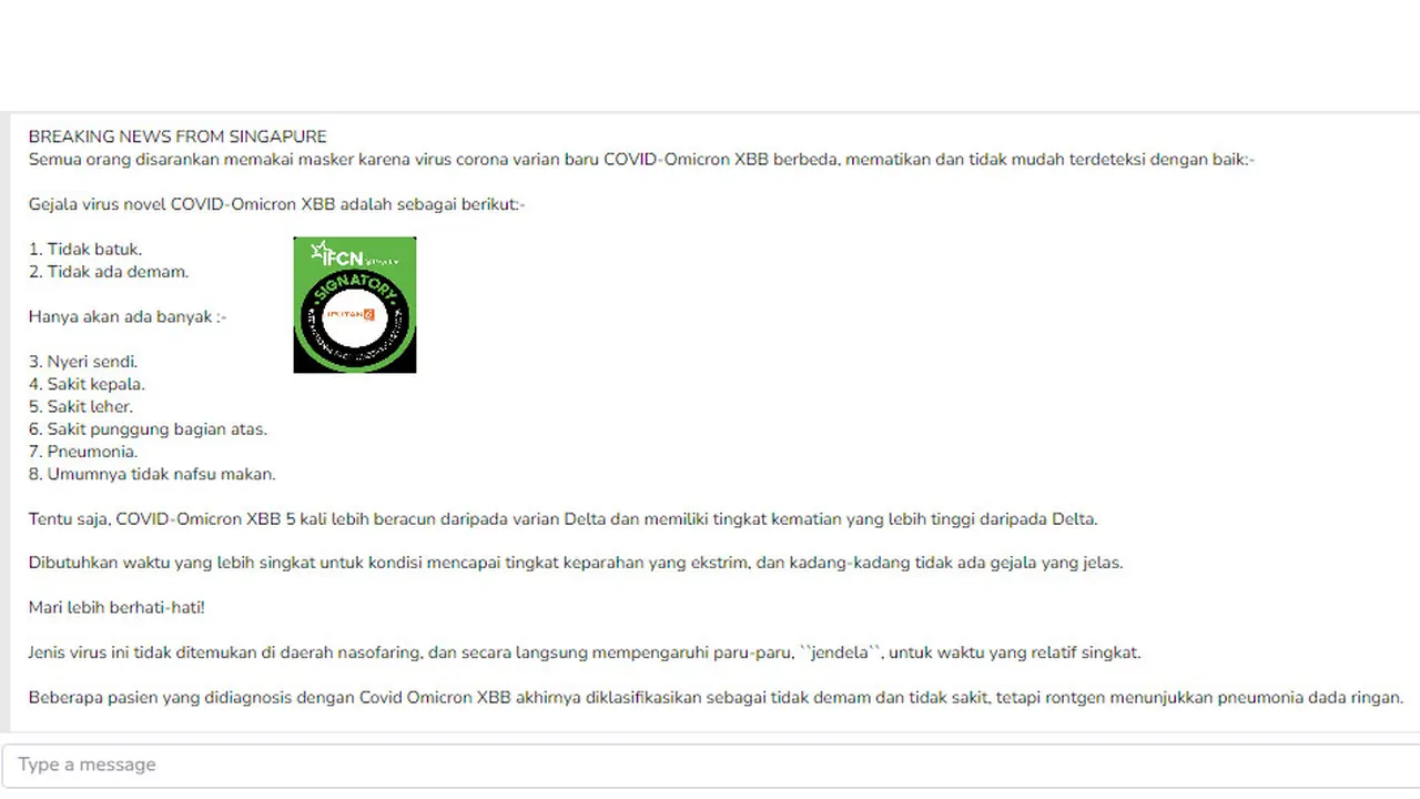 Tangkapan layar klaim Covid-19 Omicron subvarian XBB mematikan dan tidak mudah terdeteksi