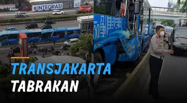 Dua unit bus TransJakarta alami kecelakaan di ruas Jalan MT Haryono.