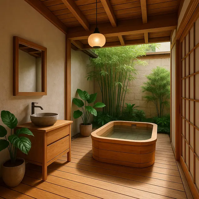 Inspirasi Kamar Mandi Semi Outdoor Bergaya Jepang (Image by ChatGPT)