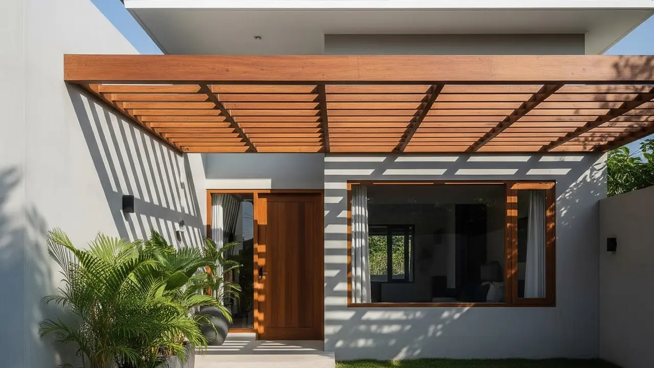 rumah atap datar kombinasi kanopi bermotif kisi-kisi kayu (Gemini AI)