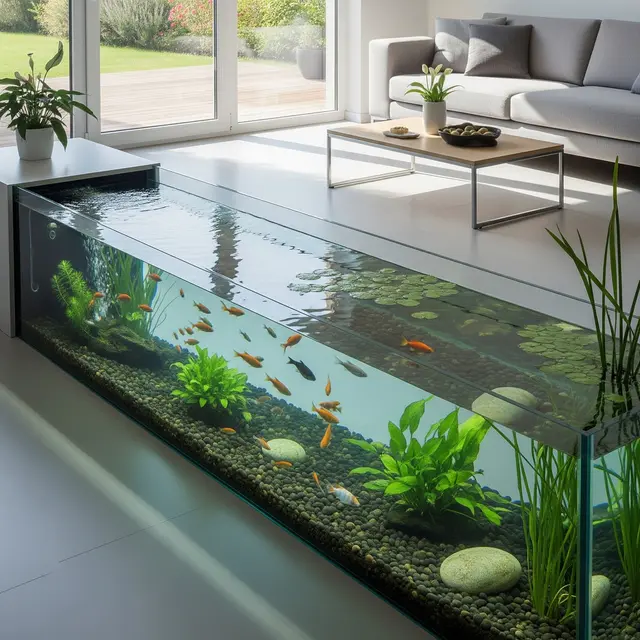model kolam ikan di ruang tengah yang minimalis