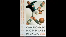 Poster Piala Dunia ke-2 tahun 1934 yang diselenggarakan di Italia. Seorang pemain bola dengan barisan bendera dibelakangnya. Tuan rumah keluar sebagai juara (Istimewa).