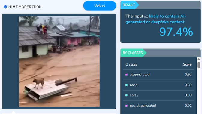 Tangkapan layar situs hivemoderation.com untuk menelusuri klaim video anjing dan sapi hanyut terbawa banjir.