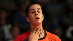 Carolina Marin, juara dunia tunggal putri 2014 hadir di Kejuaraan Dunia Bulutangkis 2015 di Istora Gelora Bung Karno, Jakarta. (Bola.com/Arief Bagus)