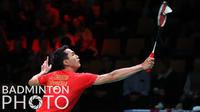 Atlet bulutangkis tunggal putra Indonesia, Jonatan Christie saat tampil melawan wakil Malaysia di ajang Piala Thomas 2020 yang berlangsung di Denmark, Jumat (15/10/2021). (Badminton Photo/Yves Lacroix)