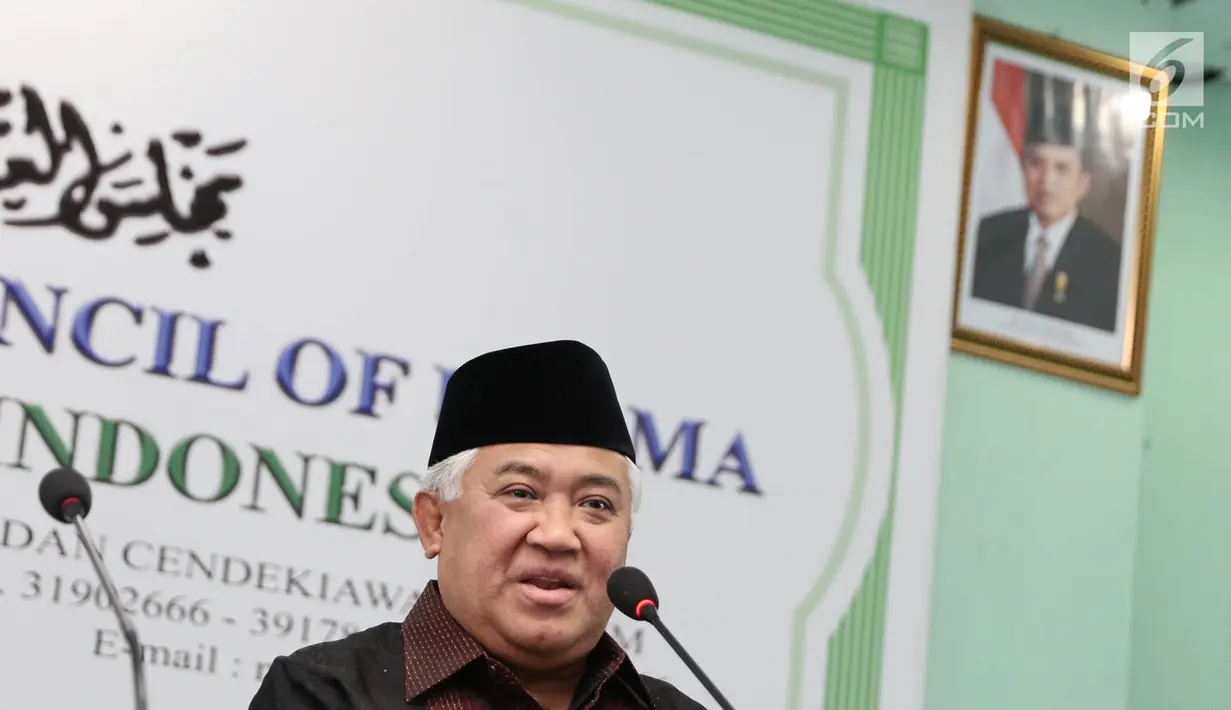 Ketua Dewan Pertimbangan MUI, Din Syamsuddin menyampaikan keterangan terkait krisis perdamaian dan keamanan kawasan Timur Tengah di Jakarta, Rabu (7/6). (Liputan6.com/Immanuel Antonius)