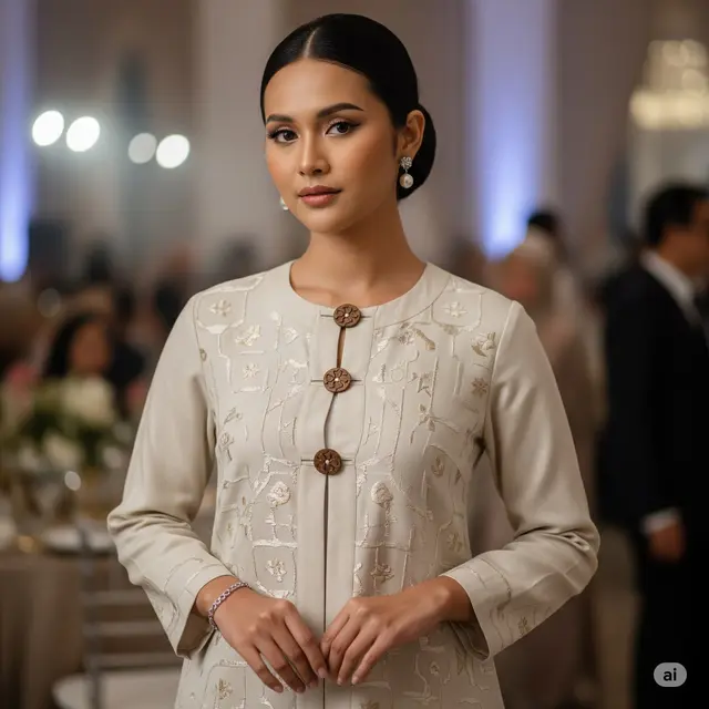 Tunik Brokat Minimalis + Aksen Kayu Etnik