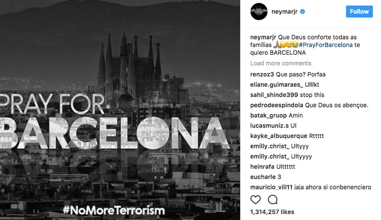 Akun Instagram milik Neymar dengan gambar kota Barcelona serta tulisan Pray Fot Barcelona sebagai bentuk simpatik terhadap korban teror Barcelona. (Bola.com/Instagram/Neymar)