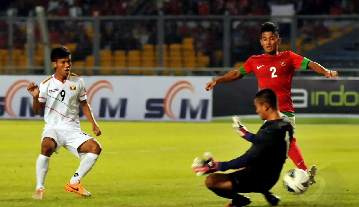 Proses terjadinya gol ke gawang Ravi Murdianto (Indonesia U-19) yang dicetak oleh penyerang Myanmar, Aung Thu saat berlaga di Stadion GBK Jakarta, (5/5/2014). (Liputan6.com/Johan Tallo)