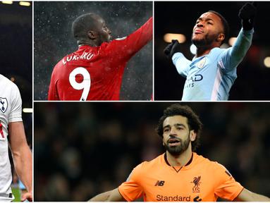 Berikut ini top scorer sementara Premier League musim 2017/2018 hingga pekan ke-19. Hattrick Harry Kane ke gawang Burnley FC membuatnya kembali bersaing dengan Mohamed Salah yang sama-sama mengoleksi 15 gol. (Kolase foto-foto AP dan AFP)