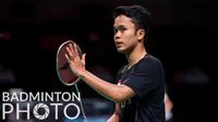 Atlet bulutangkis tunggal putra Indonesia, Anthony Ginting usai mengalahkan wakil Chinese Taipe di ajang Piala Thomas 2020 yang berlangsung di Denmark, Rabu (13/10/2021). (Badminton Photo/Yves Lacroix)