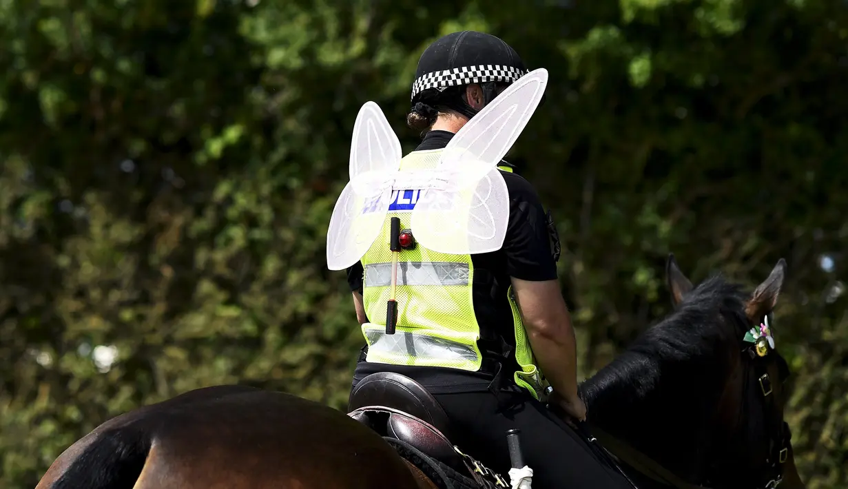 Polisi wanita berkuda dengan menggunakan sayap peri tengah melakukan patroli di lokasi Festival Glastonbury, Worthy Farm, Somerset, Inggris, 25 Juni 2015.  (REUTERS/Dylan Martinez) 