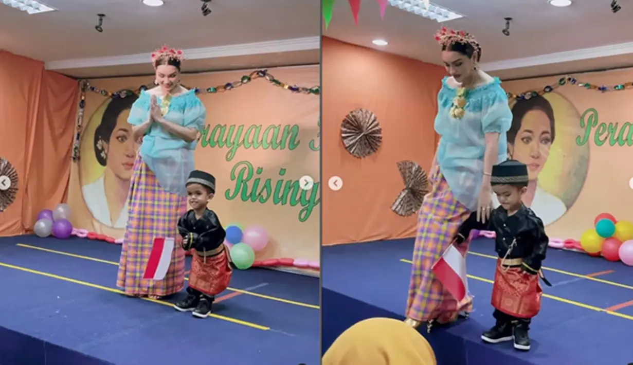 Nourah Sheivirah membagikan penampilan memukaunya saat menemani putra bungsunya, Razeen menghadiri acara sekolah dalam rangka peringatan Hari Kartini. Di momen tersebut, ibu tiga anak itu tampil mengenakan baju bodo, khas Sulawesi Selatan. (Liputan6.com/IG/@nourahsheivirah)