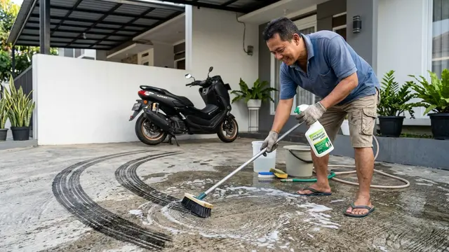 Membersihkan Bekas Ban Motor di Lantai Carport dengan Degreaser (AI Generated)