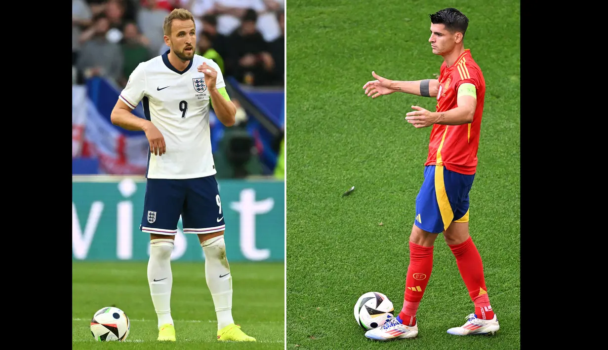 Harry Kane berhasil membawa Timnas Inggris kembali berlaga di partai final Piala Eropa meski pada edisi sebelumnya mereka takluk dari Italia. Kane juga beberapa kali memiliki peran penting dalam kemenangan dramatis The Three Lions. Sementara itu, Timnas Spanyol akan dipimpin oleh Alvaro Morata. Secara kasat mata, performa Morata tak cukup menonjol dengan mencetak satu gol dari enam laga. Namun, pelatih Luis de la Fuente tentu punya pertimbangan lain untuk memainkan pria 31 tahun tersebut. (AFP/Kirill Kudryavtsev, Alberto Pizzoli)