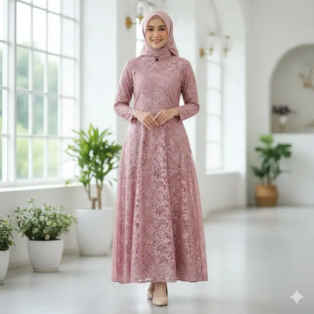 Gamis Brokat A-Line dengan Kerah Mandarin