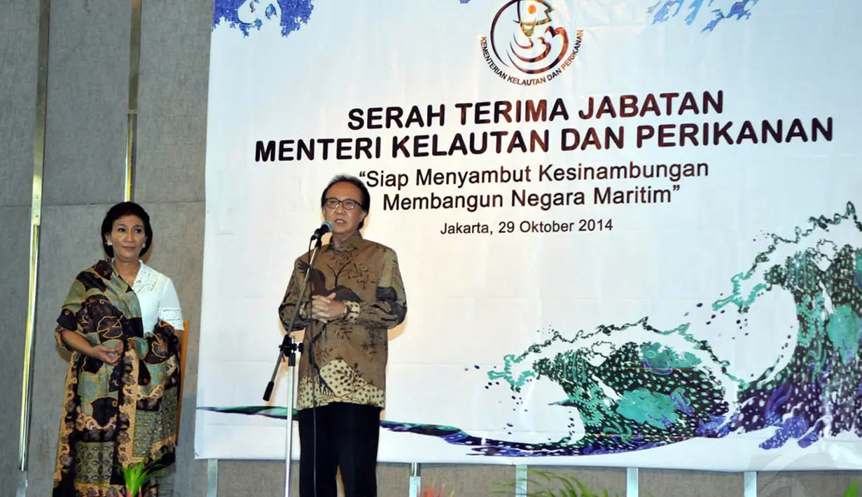 Mantan Menteri Perikanan dan Kelautan Sharief C Sutardjo saat memberikan sambutan dalam acara sertijab di Jakarta, Rabu (29/10/2014). (Liputan6.com/Panji Diksana)