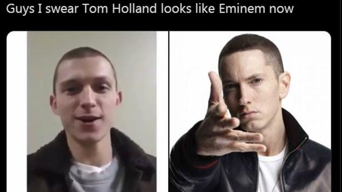 Gaya rambut barunya membuat Tom Holland disebut mirip Eminem. (dok. Twitter)