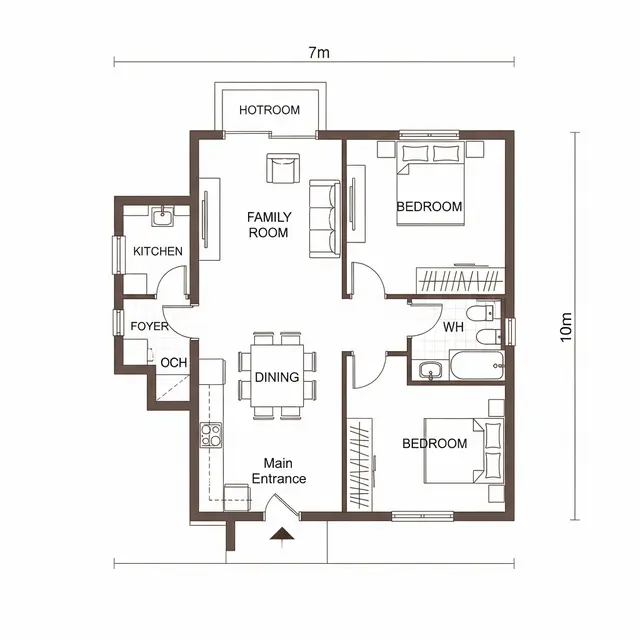 Ide Denah Rumah Ukuran 7x10 Kamar 2 Sederhana (Gemini)