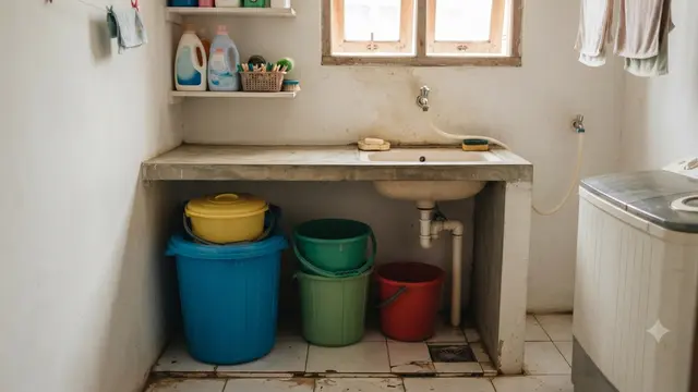Tempat Menyimpan Ember agar Area Laundry Lebih Rapi, Jadi Ide Penataan Rumah Kontrakan Model Simpan Ember di Bawah Meja Cuci