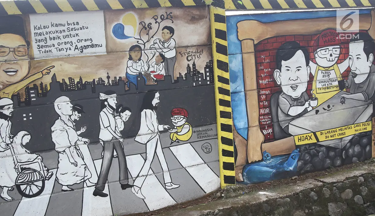 Mural Capres Joko Widodo dan Prabowo Subianto terlihat di Jalan Juanda, Depok, Jawa Barat, Rabu (21/11). Mural tersebut memiliki pesan agar masyarakat tetap damai dan berteman meski berbeda memilih capres di Pilpres 2019. (Liputan6.com/Herman Zakharia)