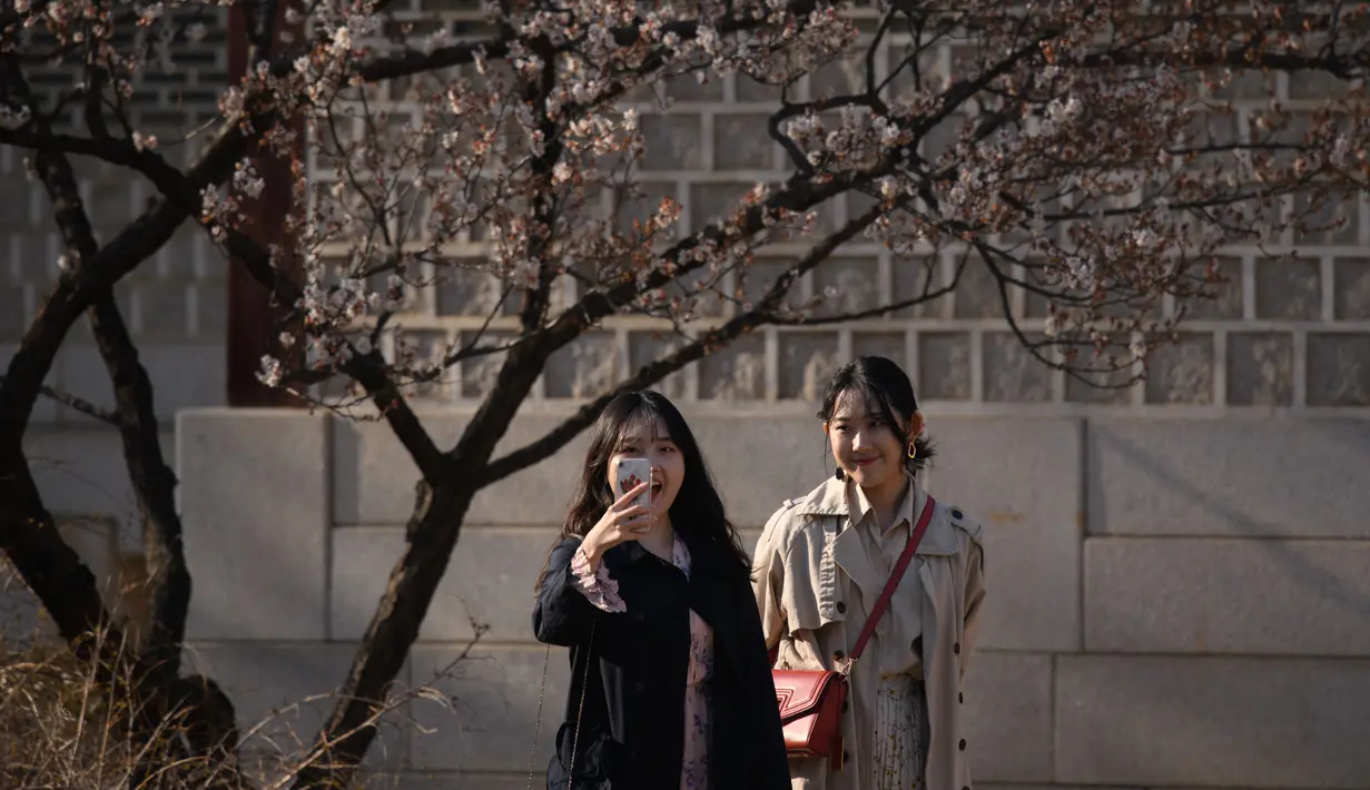 Dua wanita menggunakan ponsel berselfie di istana Changdeokgung di Seoul , Korea Selatan (2/4). Korea Selatan sedang bersiap untuk meluncurkan jaringan seluler 5G pertama di dunia pada 5 April. (AFP Photo/Ed Jones)