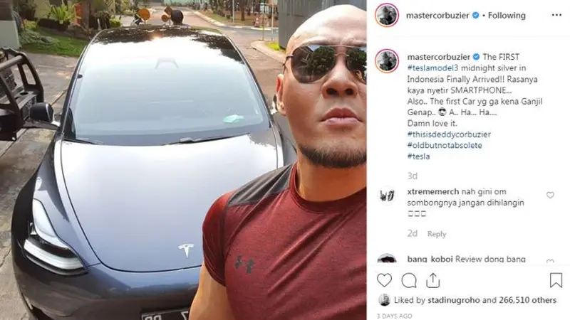 Deddy Corbuzier Pamer Mobil Listrik Canggih Tesla Model 3 (Instagram @mastercorbuzier)