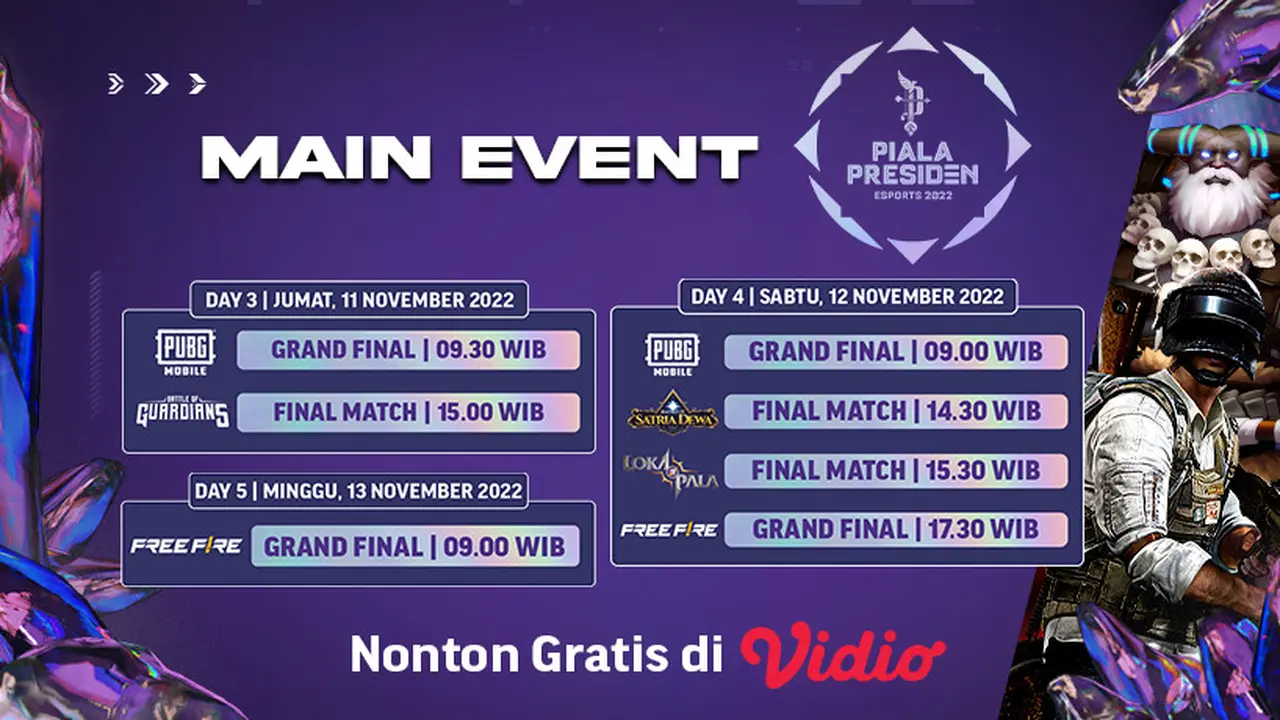 Link Live Main Event Grandfinal Piala Presiden eSports 2022 di Vidio 11-13 November : 6 Kategori Game