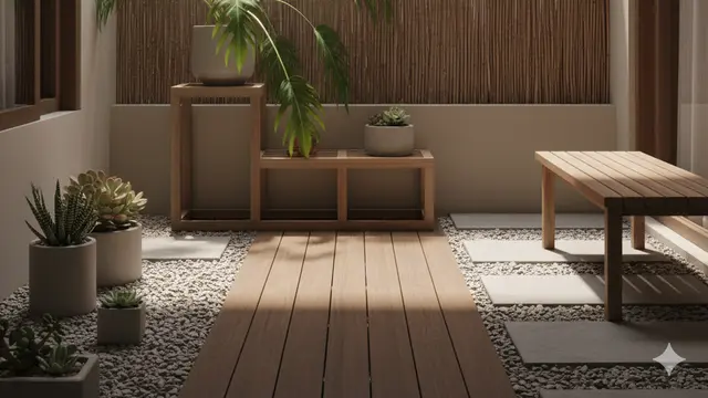Model Teras Rumah Mungil yang Asri dengan Pot Tanaman Rambat. AI