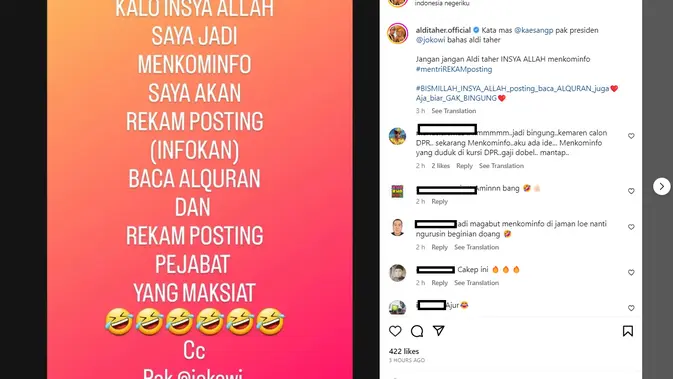<p>Aldi Taher mengungkapkan hal yang bakal dilakukannya jika menjadi Menkominfo. Tak lupa, Aldi juga mencolek akun Instagram Presiden Jokowi. (Foto: Instagram @alditaher.official.)</p>