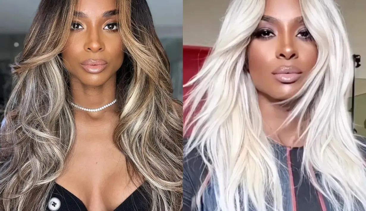 Ciara memutuskan untuk mengubah warna rambut pirangnya yang sempat menjadi tren. Ia memilih mengecat rambutnya dengan warna platinum perak. Foto: Glamour.
