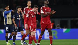 Reaksi para pemain Liverpool usai dibungkam PSG pada leg pertama perempat final Liga Champions 2025/2026. (Anne-Christine POUJOULAT / AFP)