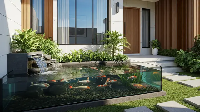 Model Kolam Ikan Kaca Minimalis dengan Air Terjun Mini di Depan Rumah
