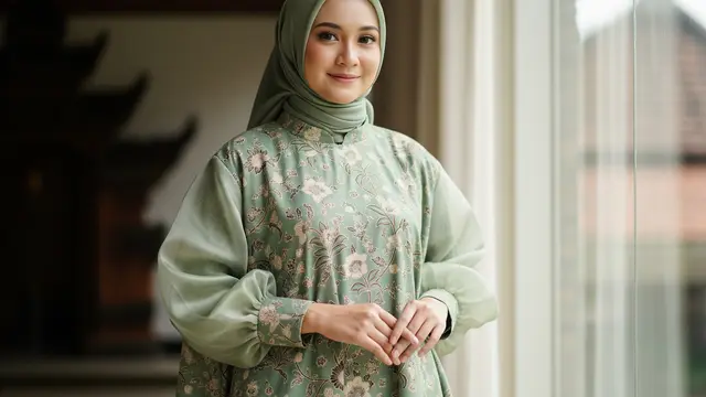 Gamis Batik Sage Organza Lengan Balon