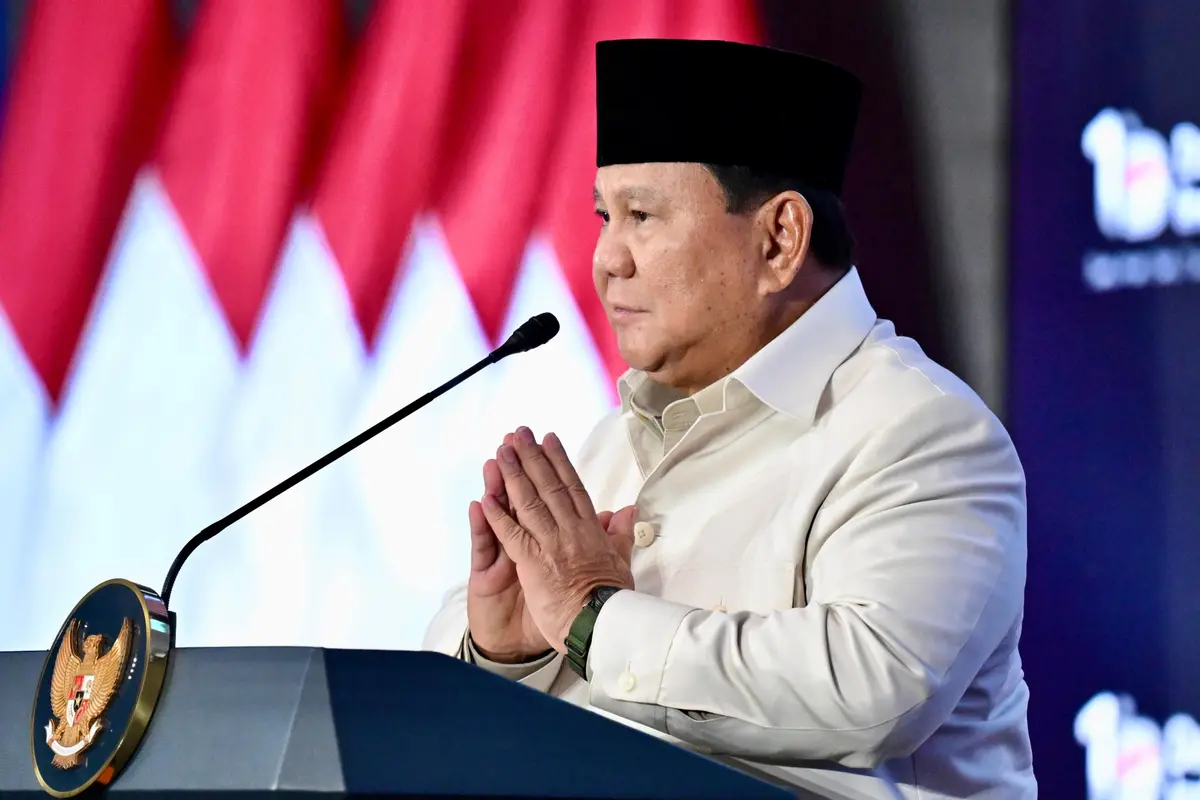 Presiden Prabowo Subianto saat menghadiri Tasyakuran 1 Tahun Danantara di Wisma Danantara Jakarta.