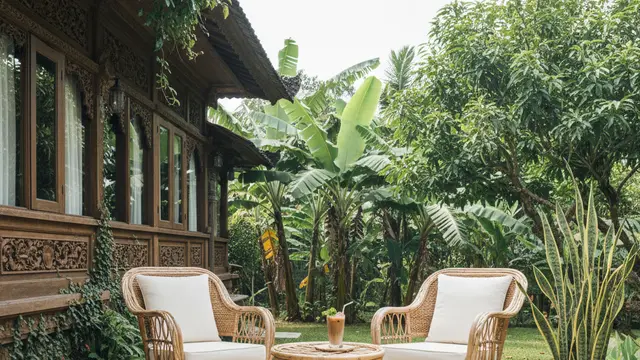 Teras Rumah Nyaman untuk Ngopi dengan View Kebun Hijau. AI