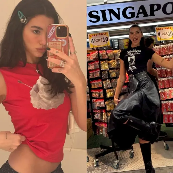 6 Gaya Dua Lipa Kulineran Sebelum Konser di Singapura, Tampil Trendy Pakai Baby Tee hingga Edgy Serba Hitam