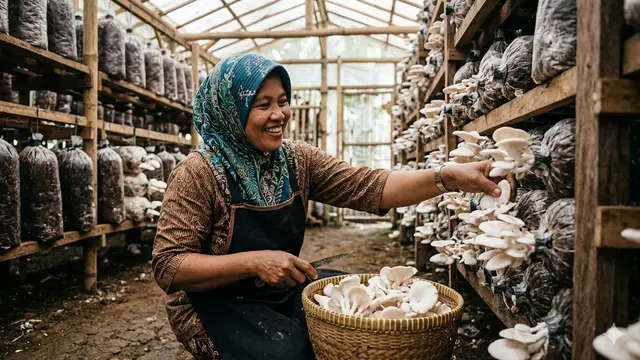 Inspirasi Budidaya Jamur Tiram untuk Ibu-Ibu Desa. Gemini
