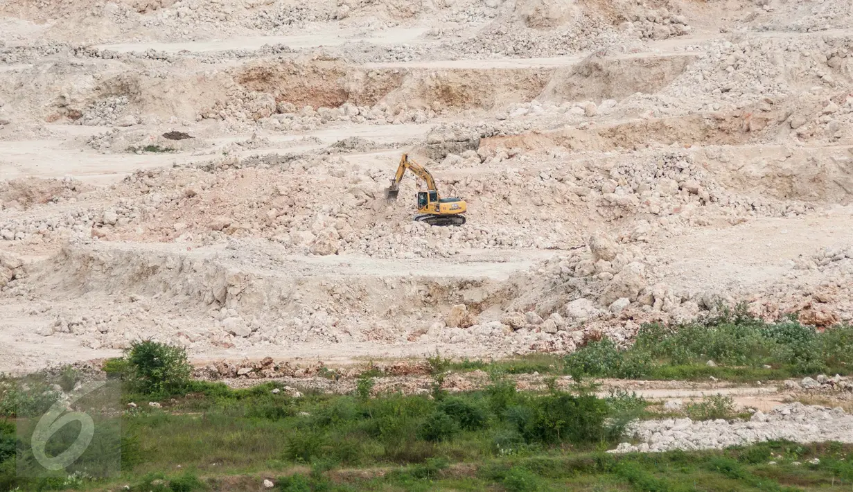 Suasana tambang batu kapur untuk bahan pembuatan semen di Kawasan Pabrik Semen Gresik, Tuban, Jawa Timur, Selasa (15/3). PT Semen Indonesia Tbk menargetkan penjualan semen domestik sebesar 15.416.000 ton pada 2017. (Liputan6.com/Gempur M Surya)