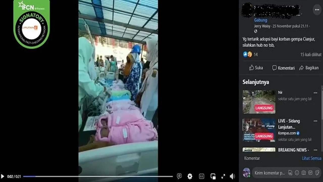 Gambar Tangkapan Layar Informasi Hoaks Adopsi Bayi Korban Gempa Cianjur, Jawa Barat di Sebuah Rumah Sakit (sumber: Facebook).
