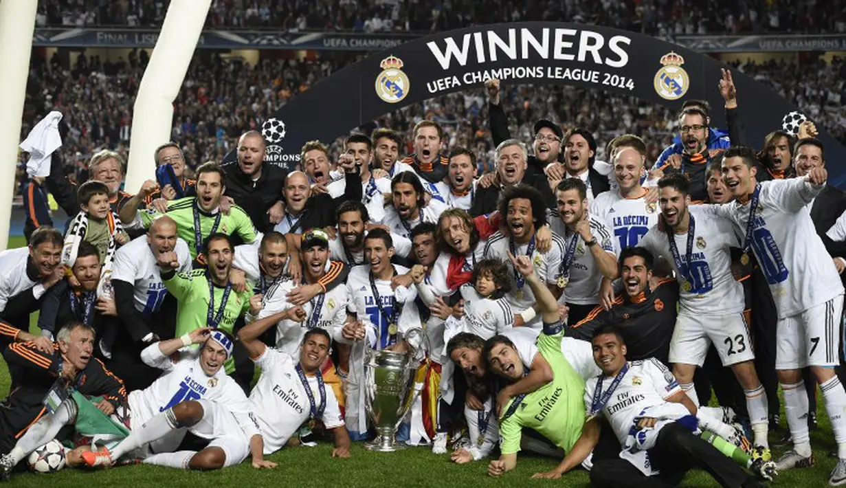 Real Madrid menjadi juara Liga Champions musim 2013/2014 setelah menang dramatis 4-1 atas rival sekota Atletico Madrid melalui perpanjangan waktu di Estadio da Luz, Lisbon, Portugal, Minggu (25/5/2014) dinihari WIB (AFP PHOTO/FRANCK FIFE).
