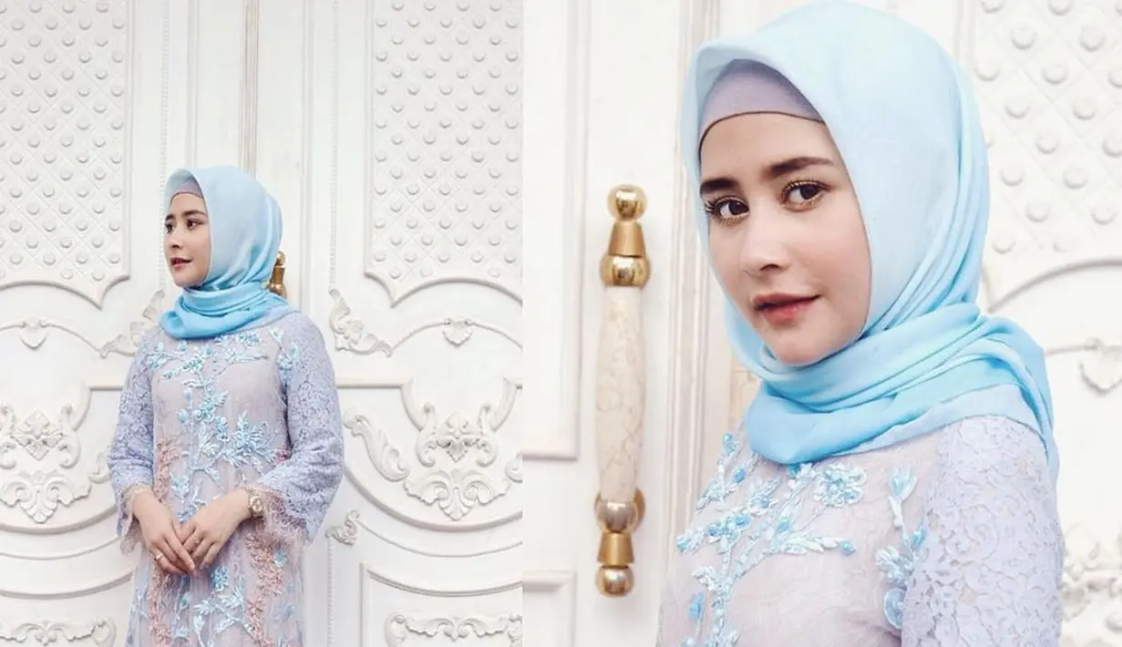 Prilly Latuconsina merayakan Hari Raya Idul Fitri tahun lalu mengenakan gamis biru muda dan juga hijabnya yang super manis. (Liputan6.com/Instagram/@prillylatuconsina96)