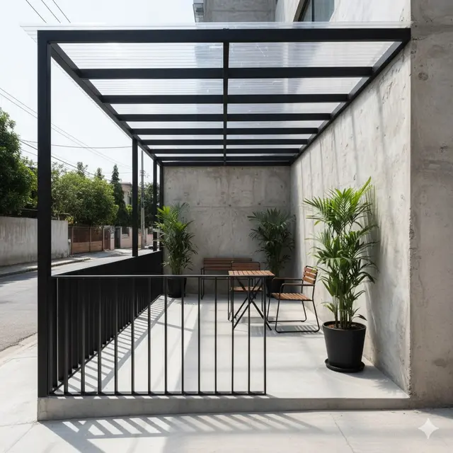 Teras Industrial dengan Pagar Besi Hollow