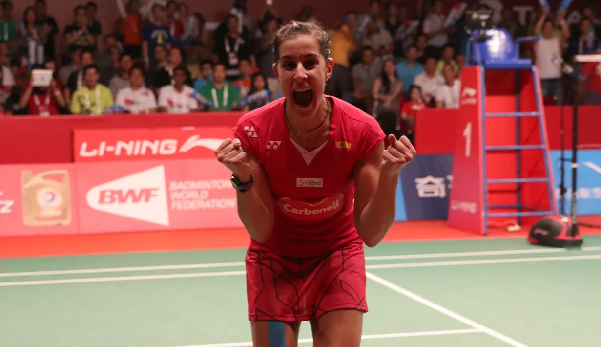 Teriakan keras ciri khas Carolina Marin pun menggema di akhir pertandingan. Minggu (16/8/2015). (Bola.com/Arief Bagus)