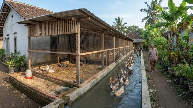 Model kandang bebek dengan area air mini yang bikin sehat dan produktif bertelur desain lorong panjang dengan kolam jalur air