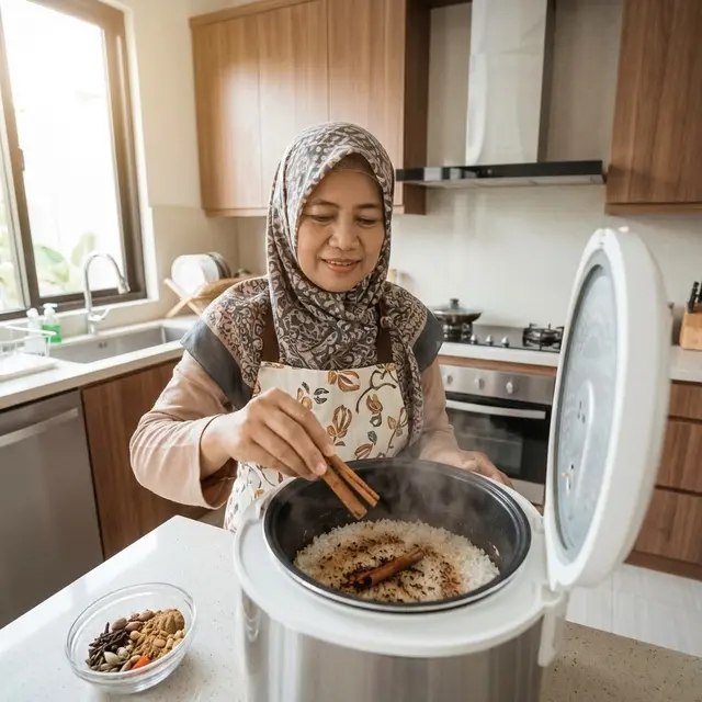 Meletakkan kayu manis di atas nasi sangit