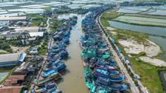 Pemandangan udara menunjukkan kapal-kapal nelayan berlabuh di Pelabuhan Juwana, Jawa Tengah, Rabu 6 Mei 2026. Kenaikan harga Bahan Bakar Minyak (BBM) diesel nonsubsidi (solar industri) per 4 Mei 2026, menyebabkan ribuan nelayan, khususnya di wilayah Pantura (Indramayu dan Pati), tidak dapat melaut. (Devi RAHMAN/AFP)