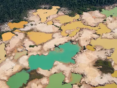 Pandangan udara kawasan Hutan Amazon yang terdeforestasi (penurunan luas area hutan secara kualitas dan kuantitas) di wilayah Sungai Madre de Dios, Peru, Jumat (17/5/2019). Hutan Amazon mengalami deforestasi akibat kegiatan penambangan ilegal. (CRIS BOURONCLE/AFP)