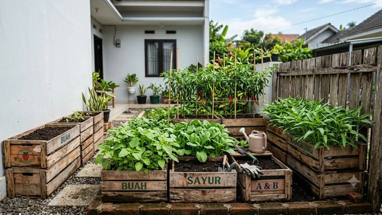 Desain Kebun Sayur dari Peti Buah Bekas (AI generated)