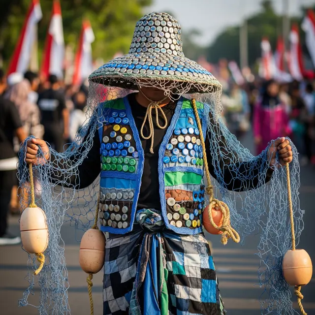 Kostum Nelayan Indonesia dari Barang Bekas (AI Generated)